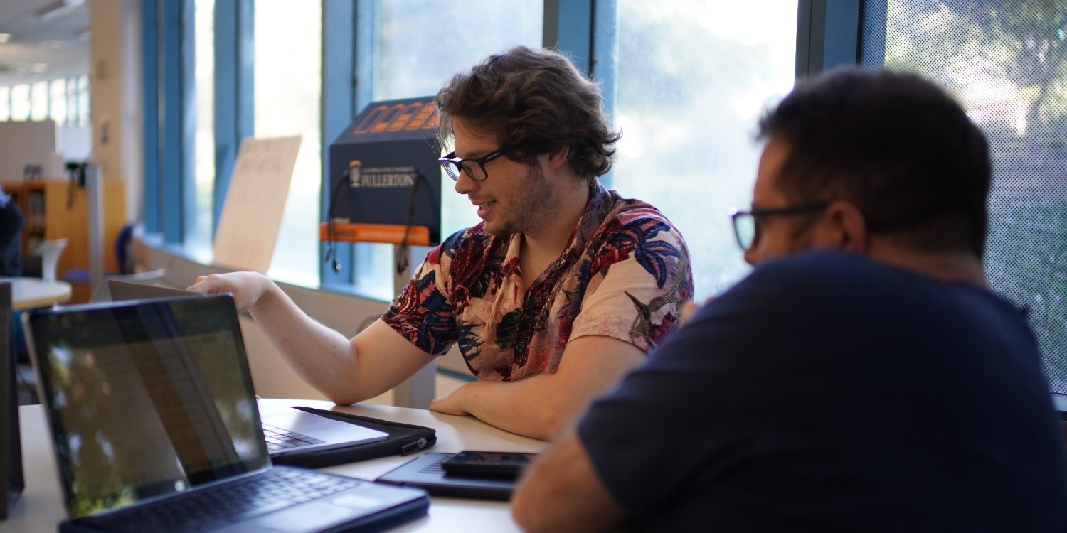 Male tutor and student sitting at desk working on laptop during tutor session
